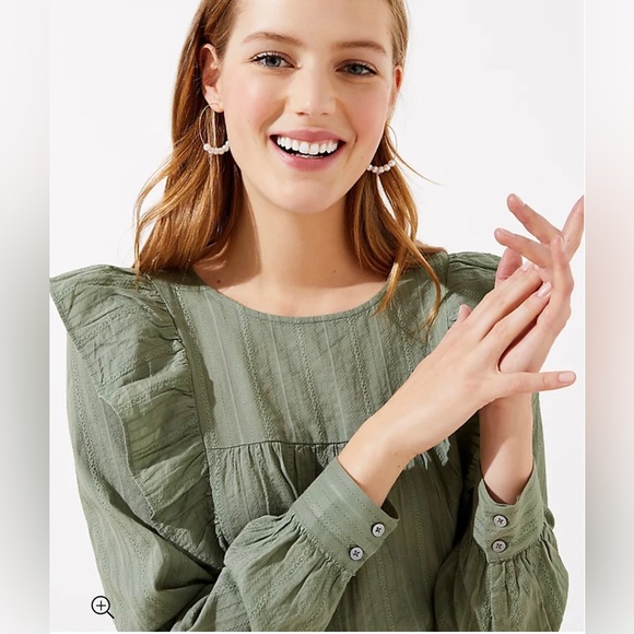 Loft Green Ruffle Cropped Blouse Top Size Large - Picture 2 of 9